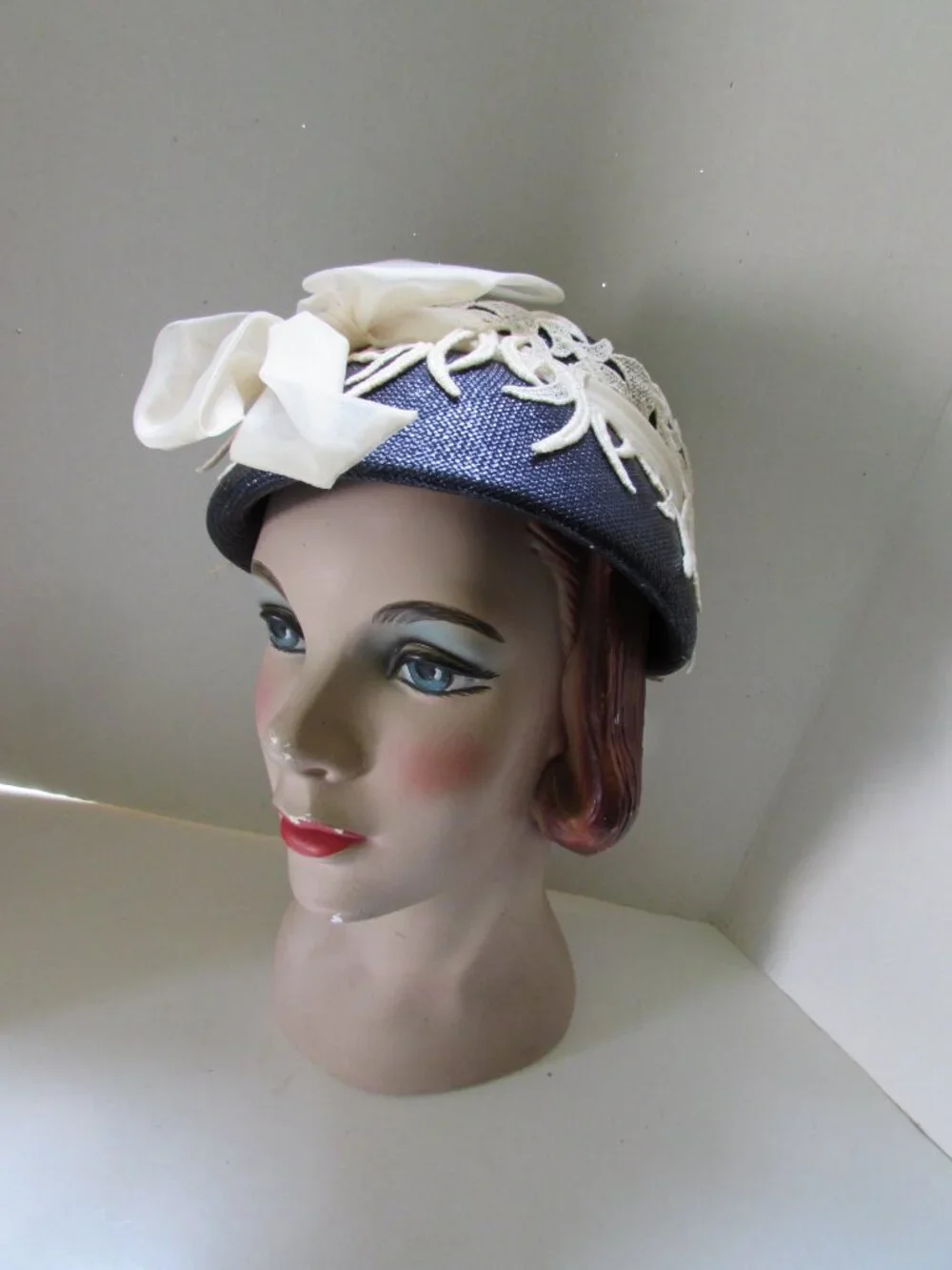 Vintage Hat Navy Blue Weave White Organdy Bow White Trim